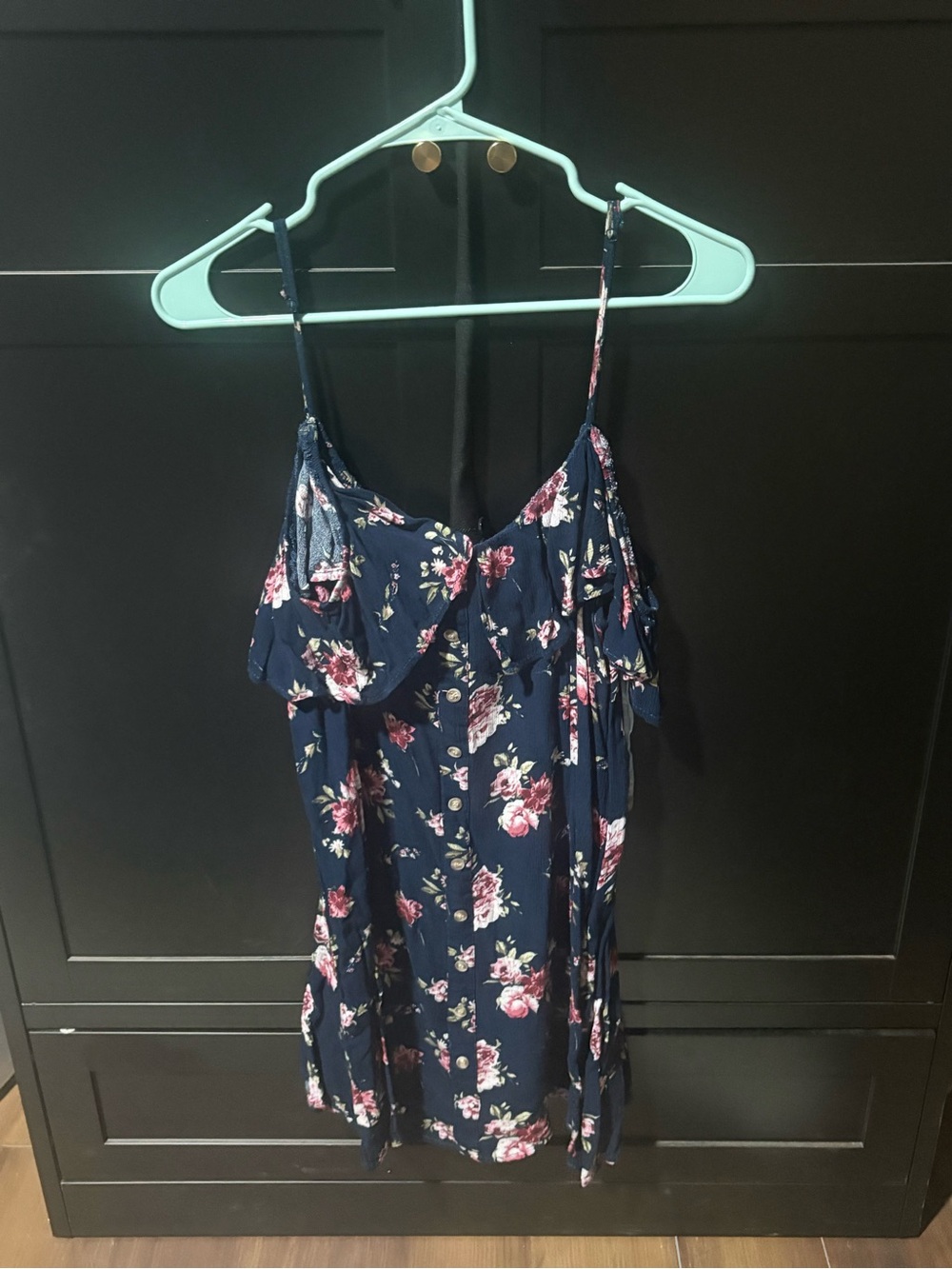 Navy Floral Ruffle Spaghetti Strap Dress